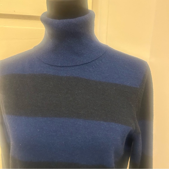 THEORY Striped Blue Turtleneck Wool Cashmere Sweater Goth Wednesday Addams Cosy - Picture 2 of 8